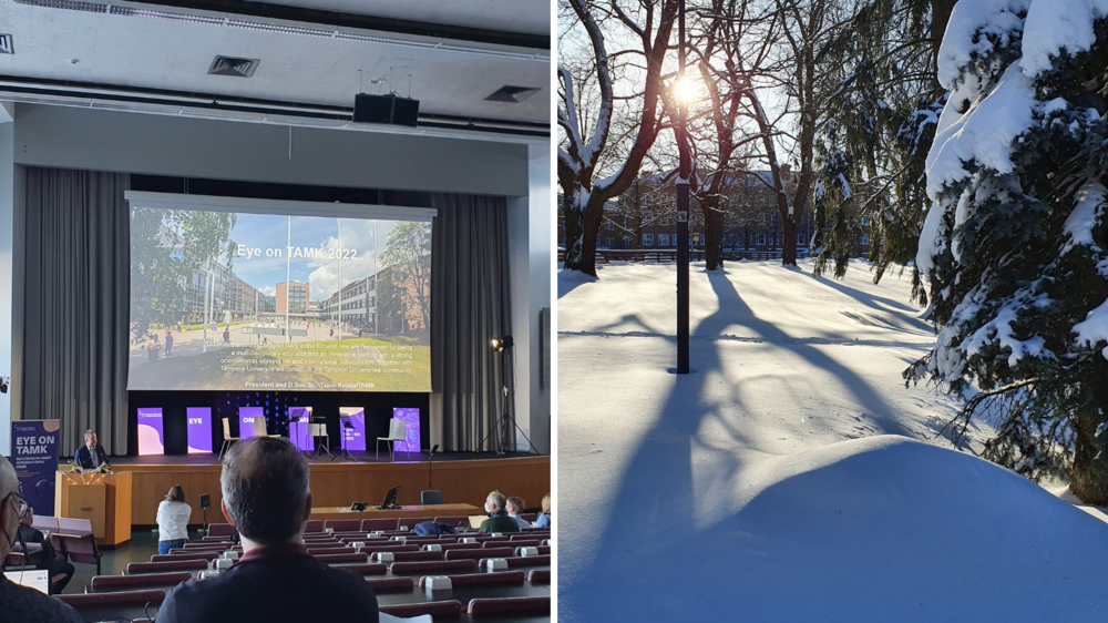 Doppelbild zeigt Konferenzsaal mit Referent und Zuhörern und Schneelandschaft