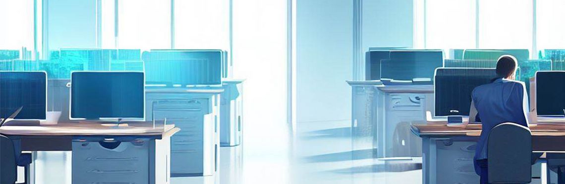 Futuristisches Großraumbüro in blauem Farbton mit einer einzelnen Person vor einem Rechner.