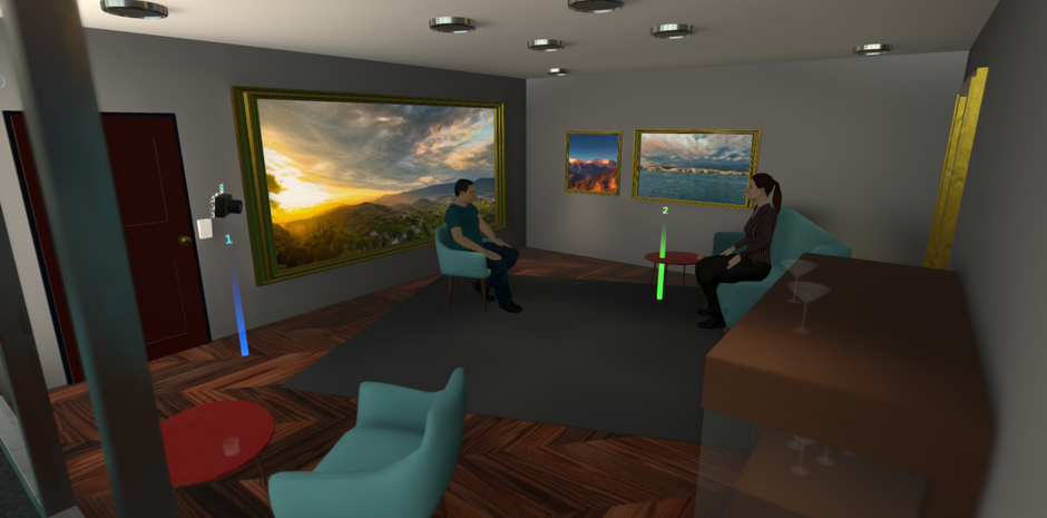 Bild aus VR-Szene zeigt ein Hotelzimmer, in dem ein Interview geführt und mit Kamera und Ton aufgezeichnet wird.