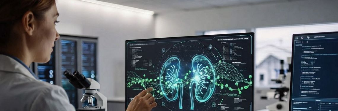 Frau in weißem Kittel bedient Monitor mit grafischer Abbildung einer Niere