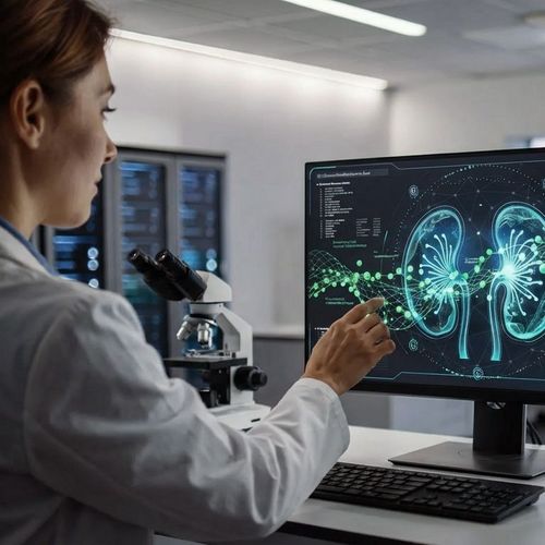 Frau in weißem Kittel bedient Monitor mit grafischer Abbildung einer Niere