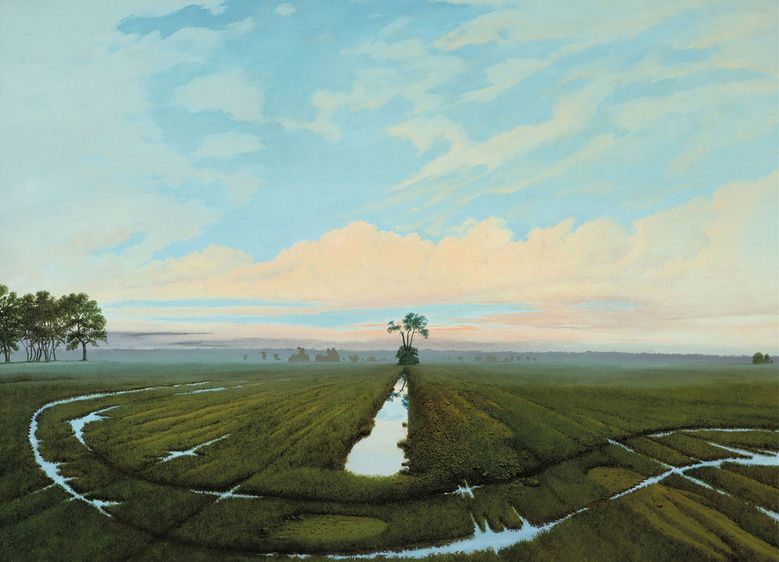 Das Bild „Kreuzbrucher Schwemmgraben“ (2010, Öl auf Leinwand) von Dr. Horst-Werner Schneider erinnert daran, dass der Mensch Eingriffe in die unberührte Natur vorgenommen hat; mit Regenwasser gefüllte Spuren eines Traktors weisen den Betrachter auf die heutige Zeit hin. Fotos (2): privat