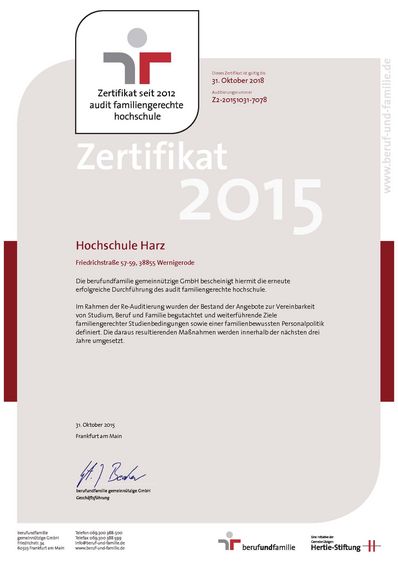 Der Hochschule Harz wurde erneut die Zertifizierung „audit familiengerechte hochschule“ von der berufundfamilie gGmbH verliehen.