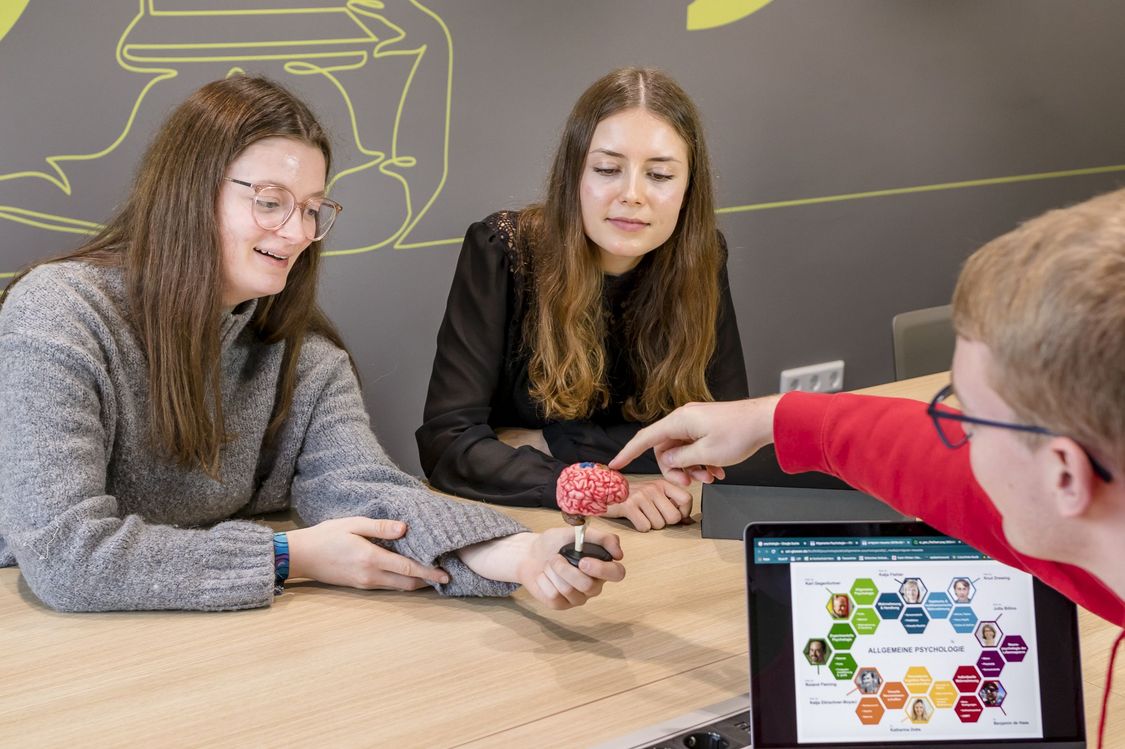 Zwei junge Frauen und ein Mann diskutieren am Seminartisch über Grafik auf einem Tablet