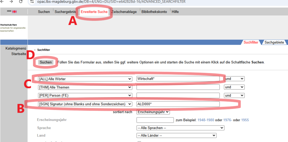 Ein Screenshot der Online-Bibliothek, in welchem die wichtigen Informationen für die Suche nach Bachelor - und Masterarbeiten rot umrandet sind