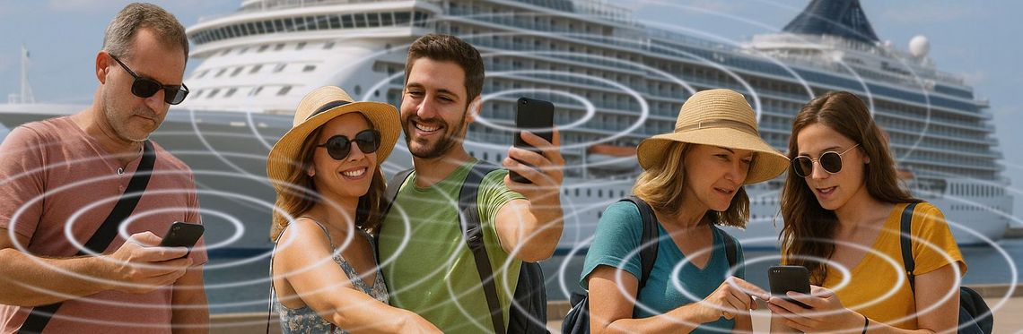 Fünf Personen mit Rucksäcken und Koffern posieren mit ihren Smartphones vor einem Kreuzfahrtschiff