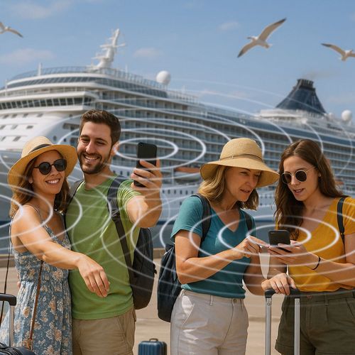 Fünf Personen mit Rucksäcken und Koffern posieren mit ihren Smartphones vor einem Kreuzfahrtschiff