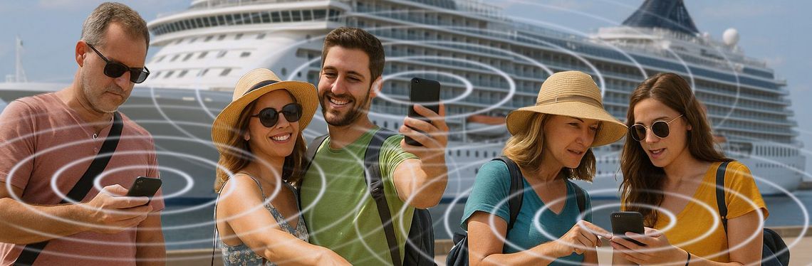 Fünf Personen mit Rucksäcken und Koffern posieren mit ihren Smartphones vor einem Kreuzfahrtschiff