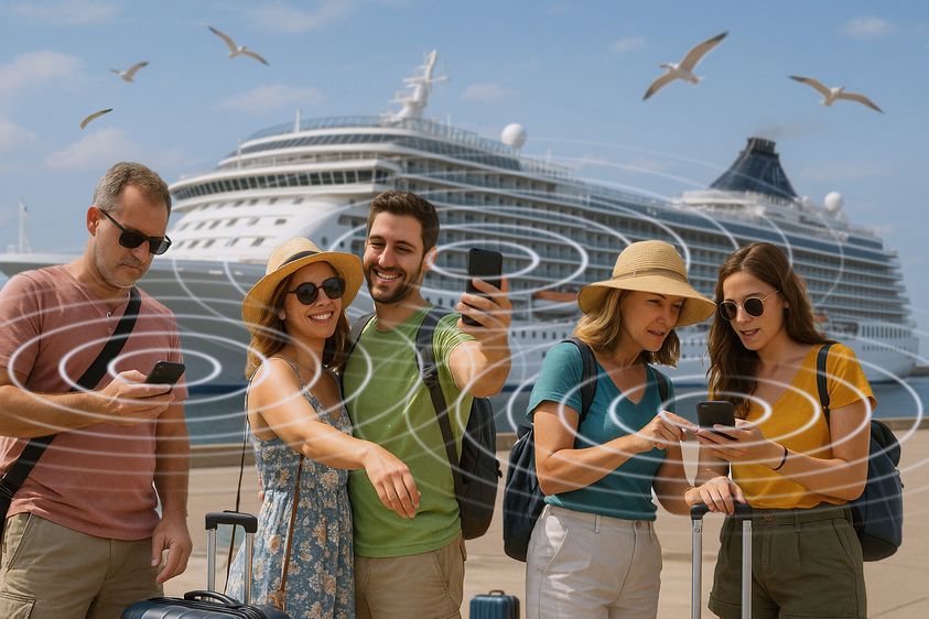 Fünf Personen mit Rucksäcken und Koffern posieren mit ihren Smartphones vor einem Kreuzfahrtschiff