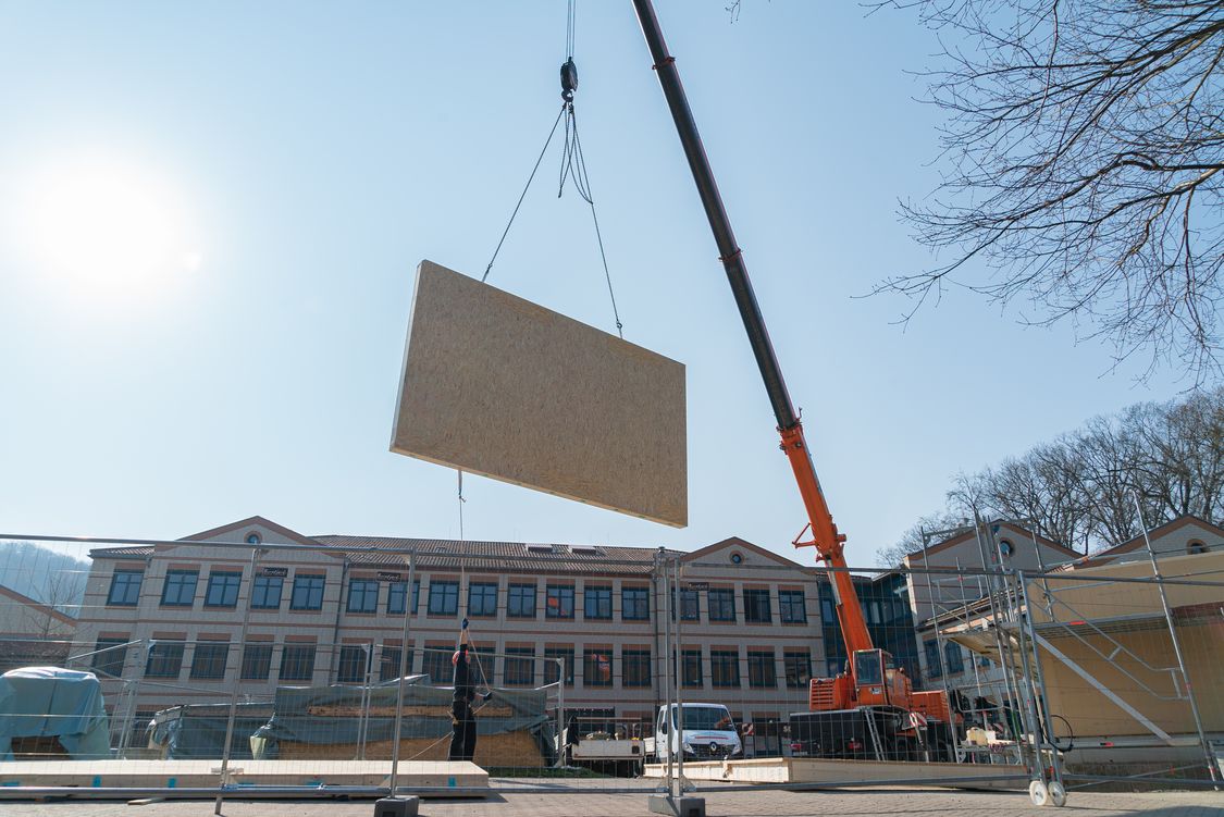 Große Holzwände schweben über dem Campus.