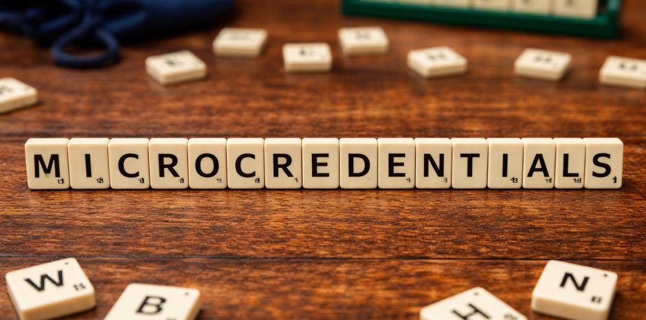 Kleine Buchstabentafeln bilden das Wort Microcredentials.