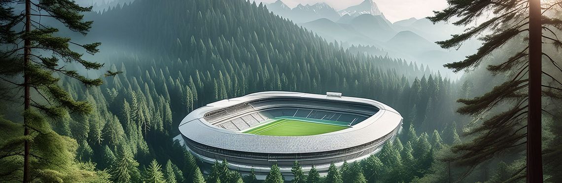 Konzeptkunst eines Fußballstadiums mitten im Wald umgeben von Bergen