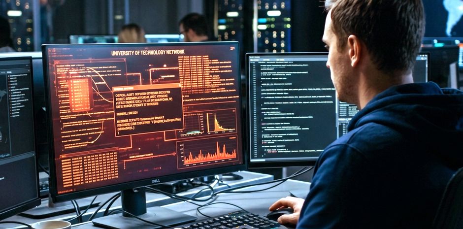 Ein Mann sitzt vor mehreren Monitoren, auf denen sehr viele Datenelemente abgebildet sind.