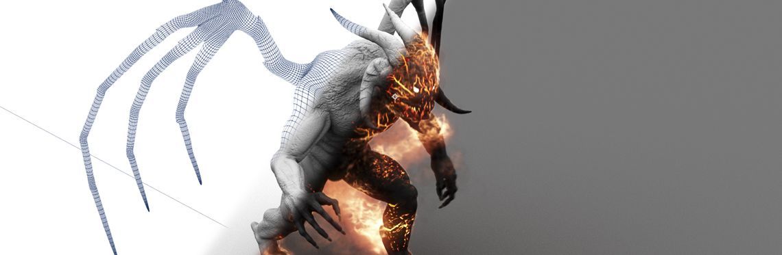 3-D-Animation: Desktop-Ansicht einer schrittweisen Entstehung eines Charakters aus Feuer.