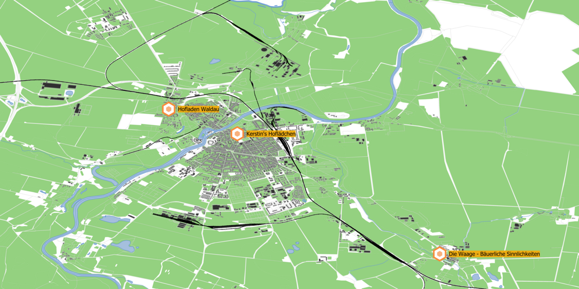 Ausschnitt aus der im Rahmen des Projekts DigiShop entstandenen Dorf- und Hofladenkarte für Sachsen-Anhalt – ein Beispiel von vielen für den Einsatz freier Geoinformationen in Projekten an der HS Harz.