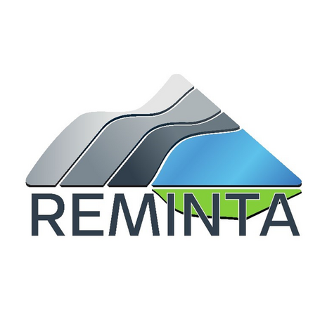Logo Projekt Reminta: Stilisierte Wellen in Grün Blau Grau und Weiß stellen Bergen dar mit Schriftzug Reminta darunter