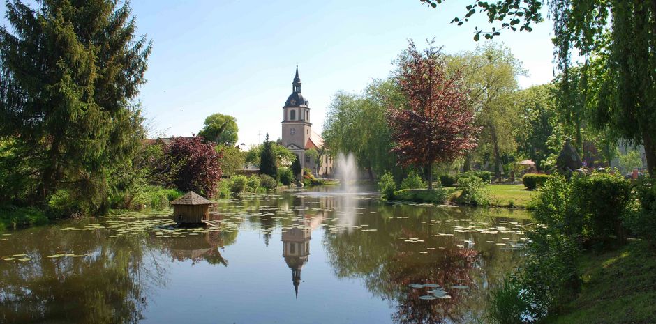 Stadtansicht mit Teich und Kirchturm zeigt die altmärkische Stadt Beetzendorf